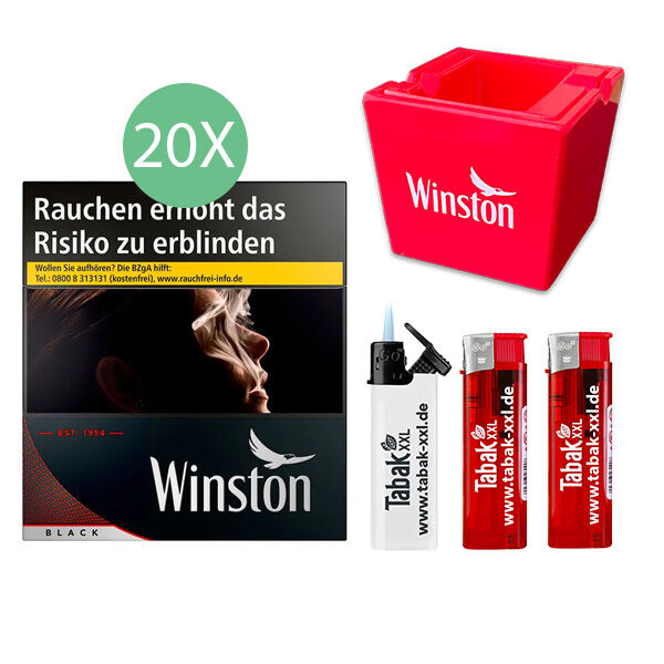 20x Winston Zigaretten Black 5XL 2x elektro Feuerzeuge 1x Sturmfeuerzeug 1x Keramikaschenbecher