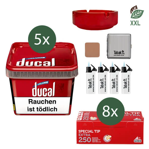 Ducal Volumentabak Red 5 x Eimer mit 2000 Extra Size Hülsen und Etui