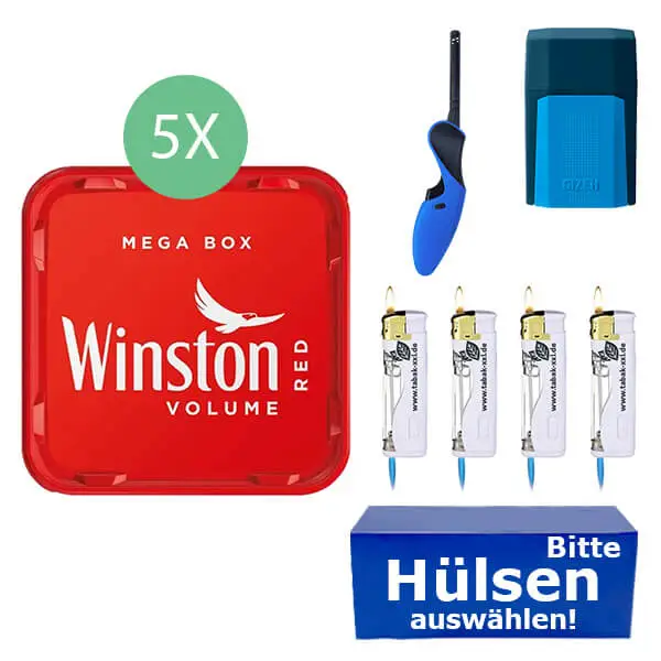 Winston Tabak Red 5 x Giant Box mit wählbaren Hülsen und Etui Winston Tabak Red 5 x Giant Box mit wählbaren Hülsen und Etui