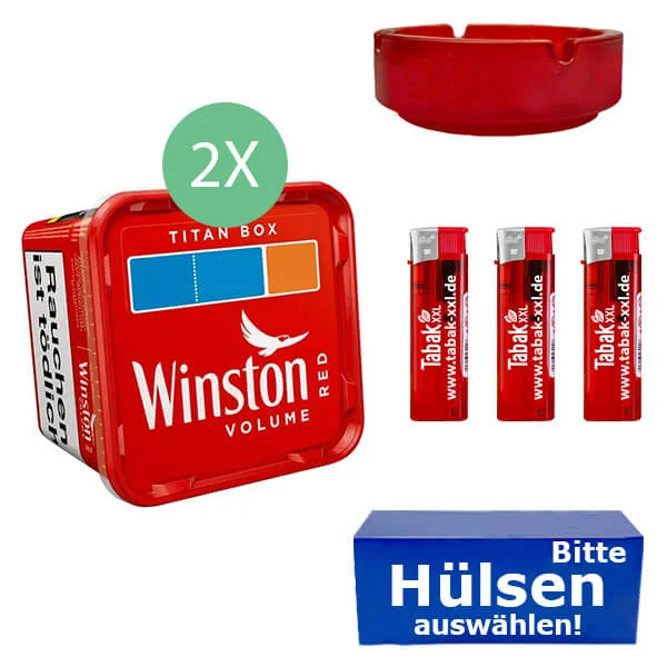 Winston Tabak Red 2 x Titan Box mit wählbaren Hülsen und Glasaschenbecher