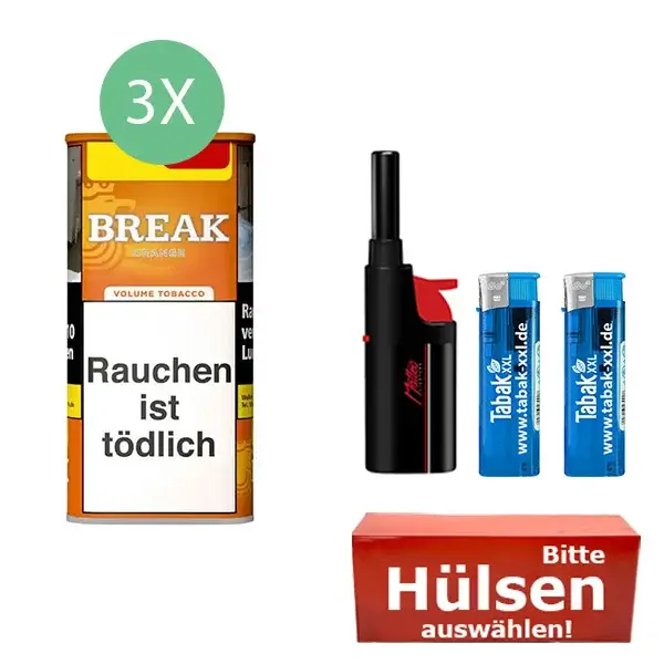 Break Tabak XXL Orange 3 x Dose mit wählbaren Hülsen und Stabfeuerzeug