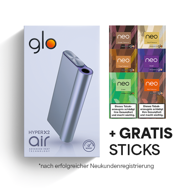 Die Glo Hyper Air in der Farbe Crisp Purple in der Verpackung plus gratis Sticks nach NAchkundenregistrierung