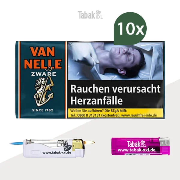 10x Van Nelle Drehtabak Zware Pouch M mit Feuerzeugen