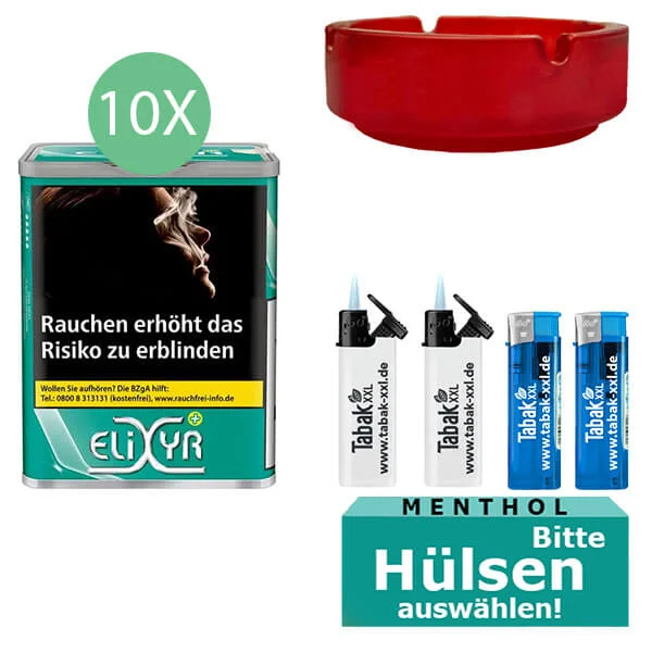 Elixyr Plus Tabak Green 10 x Dose mit wählbaren Hülsen und Aschenbecher