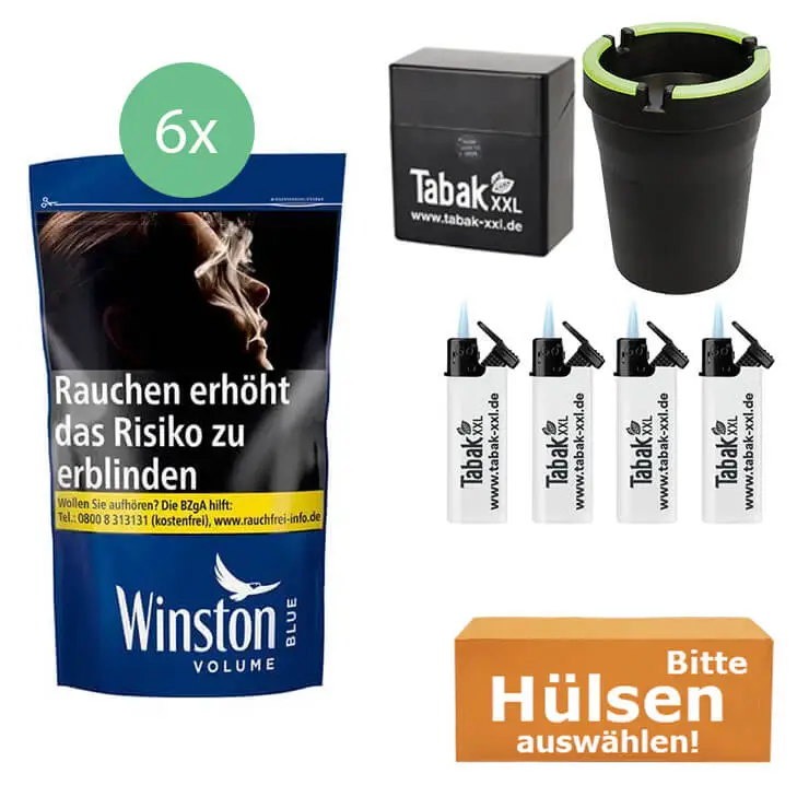 Winston Tabak Blue 6 x Beutel mit wählbaren Hülsen und Etui Winston Tabak Blue 6 x Beutel mit wählbaren Hülsen und Etui