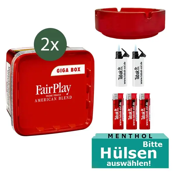 FairPlay Volumentabak 2 x Giga Box mit wählbarem Zubehör und Glasaschenbecher 