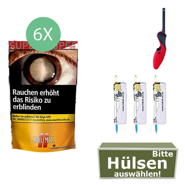 Pall Mall Tabak 6 x Super Beutel mit wählbaren Hülsen Pall Mall Tabak 6 x Super Beutel mit wählbaren Hülsen