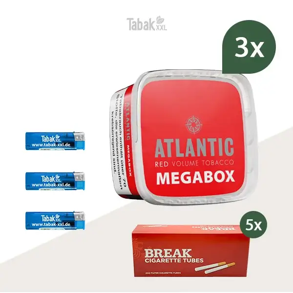 3x Atlantic Volumentabak Red Megabox mit 1000 Hülsen und Feuerzeugen 3x Atlantic Volumentabak Red Megabox mit 1000 Hülsen und Feuerzeugen