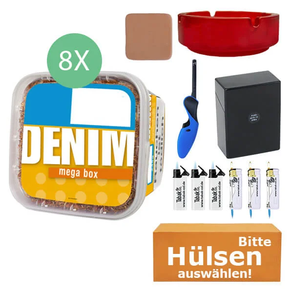 Denim Tabak 8 x Mega Box mit wählbaren Hülsen und Etui Denim Tabak 8 x Mega Box mit wählbaren Hülsen und Etui