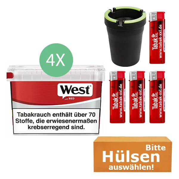 West Tabak Red 4 x Mega Box mit wählbaren Hülsen und Aschenbecher West Tabak Red 4 x Mega Box mit wählbaren Hülsen und Aschenbecher