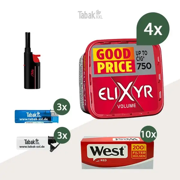 4x Elixyr Volumentabak Red / Rot Eimer mit 2000 Hülsen und Stabfeuerzeug