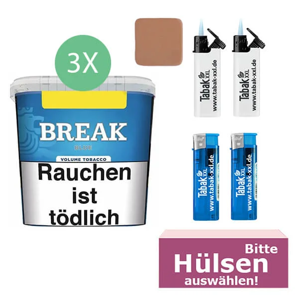 Break Tabak Blue 3 x Giga Box mit wählbaren Hülsen und Feuerzeugen