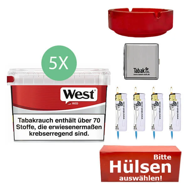 West Tabak Red 5 x Mega Box mit wählbaren Hülsen und Etui West Tabak Red 5 x Mega Box mit wählbaren Hülsen und Etui