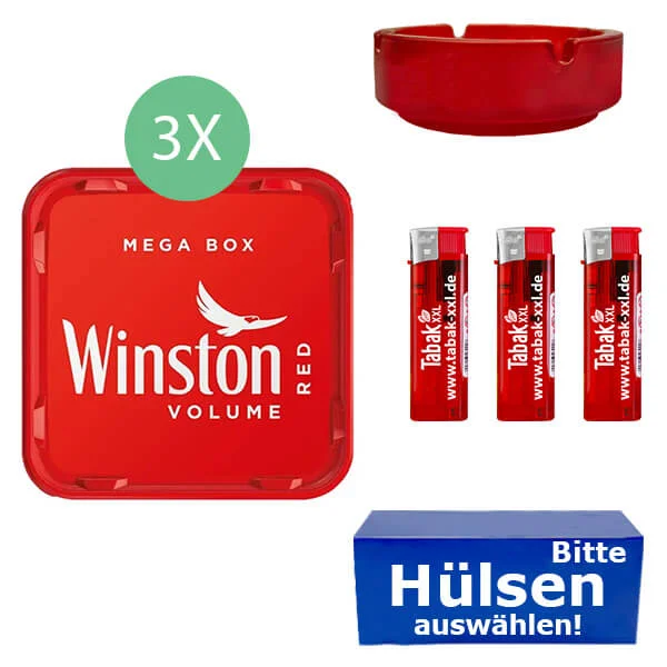 Winston Tabak Red 3 x Mega Box mit wählbaren Hülsen und Glasaschenbecher