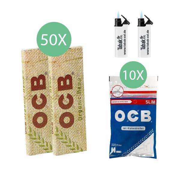 50x-ocb-blaettchen-organic-hemp-50-blatt-+-10x-ocb-slim-filter-+-2x-sturmfeuerzeuge