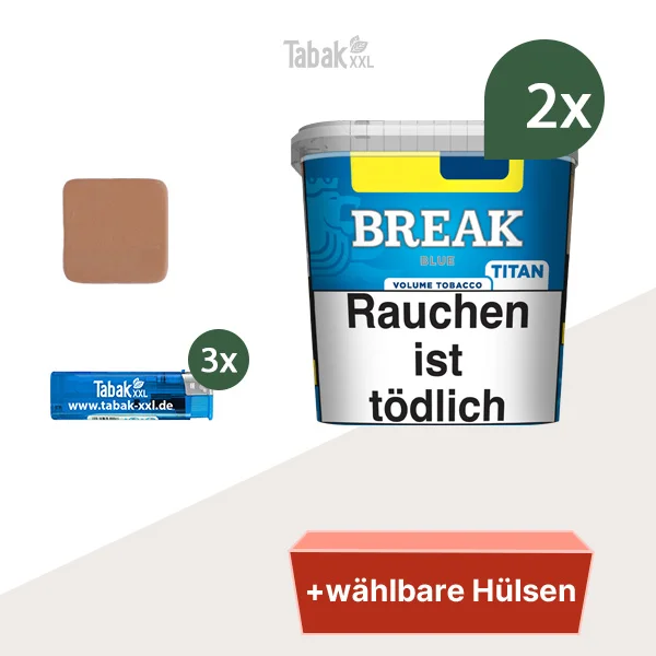 2x Break Volumentabak Blue Titan Box mit wählbaren Hülsen 2x Break Volumentabak Blue Titan Box mit wählbaren Hülsen