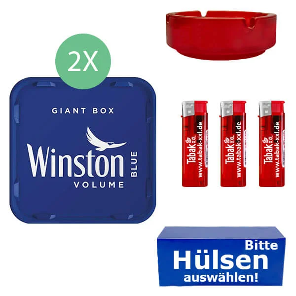 Winston Tabak Blue 2 x Giant Box mit wählbaren Hülsen und Glasaschenbecher