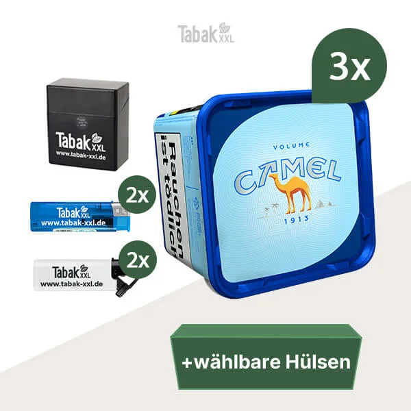 3x Camel Volumentabak Blue Eimer mit wählbaren Hülsen und Etui