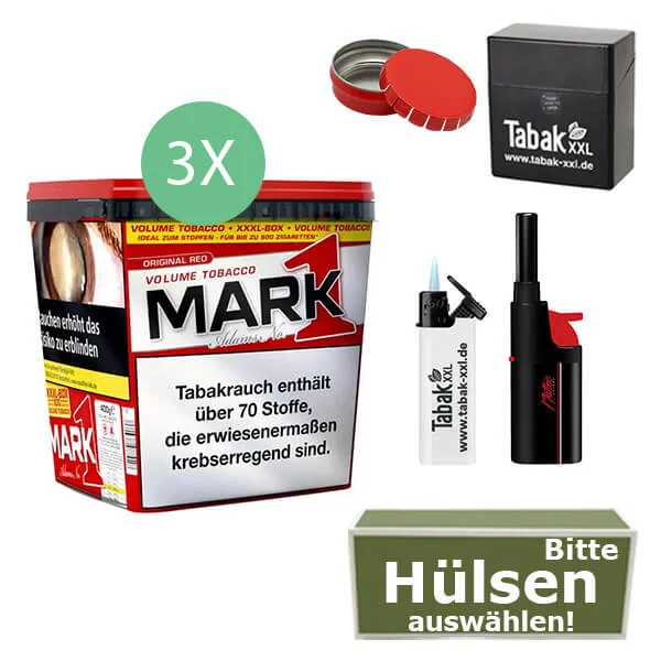 Mark 1 Tabak Red XXXL 3 x 400 g Eimer mit Hülsen und Etui Mark 1 Tabak Red XXXL 3 x 400 g Eimer mit Hülsen und Etui
