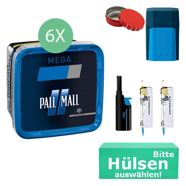Pall Mall Tabak 6 x Mega Box Blue mit wählbaren Filterhülsen und Etui Pall Mall Tabak 6 x Mega Box Blue mit wählbaren Filterhülsen und Etui