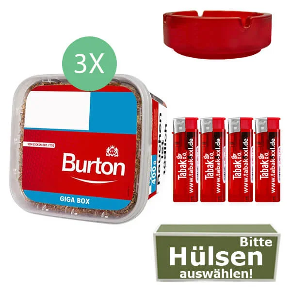 Burton Tabak Red 3 x Giga Box 400g mit wählbaren Hülsen und Aschenbecher Burton Tabak Red 3 x Giga Box 400g mit wählbaren Hülsen und Aschenbecher