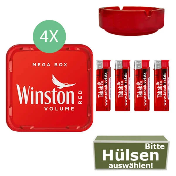 Winston Tabak Red 4 x Mega Box mit wählbaren Hülsen und Glasaschenbecher Winston Tabak Red 4 x Mega Box mit wählbaren Hülsen und Glasaschenbecher