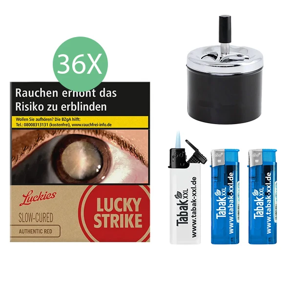 36x Lucky Strike Zigaretten Authentic Red Giga 2x Elektro-Feuerzeuge 1x Sturmfeuerzeug 1x Aschenbecher