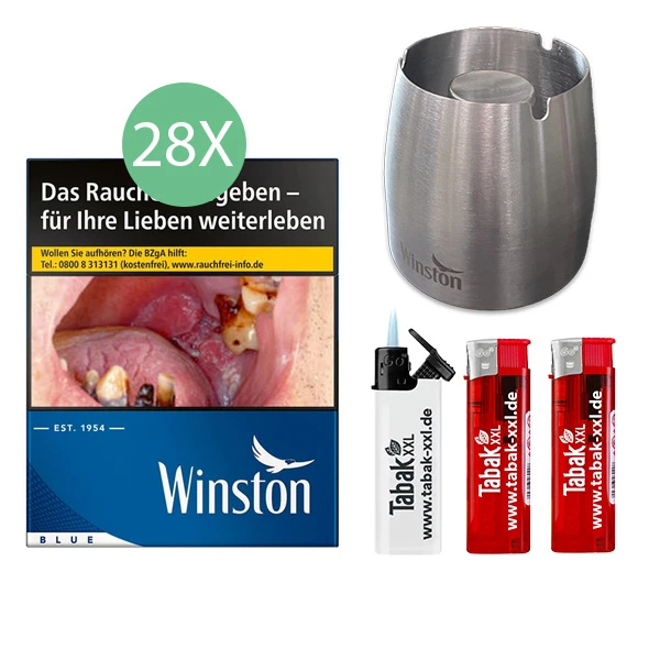 28x Winston Zigaretten Blue 5XL 2x elektro Feuerzeuge 1x Sturmfeuerzeug 1x Metallaschenbecher