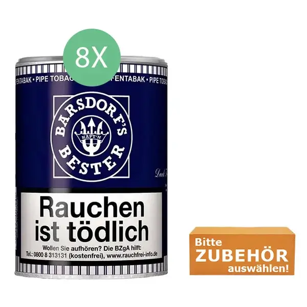 Barsdorf's Bester Dark Fired Tabak 8 x Dose mit wählbarem Zubehör