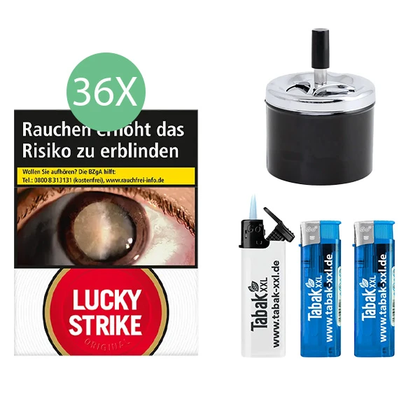 36x Lucky Strike Zigaretten Red Giga 2x Elektro-Feuerzeuge 1x Sturmfeuerzeug 1x Aschenbecher 36x Lucky Strike Zigaretten Red Giga 2x Elektro-Feuerzeuge 1x Sturmfeuerzeug 1x Aschenbecher