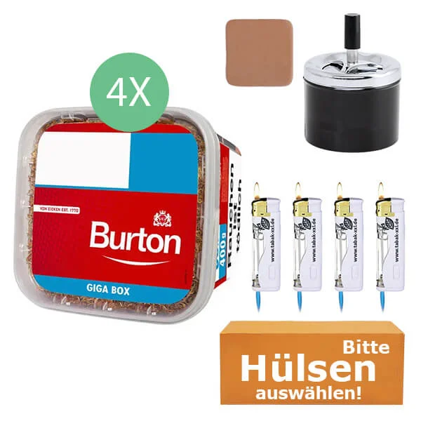 Burton Tabak Red 4 x Giga Box 400g mit wählbaren Hülsen und Aschenbecher Burton Tabak Red 4 x Giga Box 400g mit wählbaren Hülsen und Aschenbecher