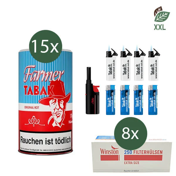 15x Farmer Pfeifentabak Red Dose mit 2000 Extra Size Filterhülsen