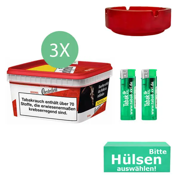 Chesterfield Tabak Red 3 x Mega Box mit wählbaren Hülsen und Glasaschenbecher Chesterfield Tabak Red 3 x Mega Box mit wählbaren Hülsen und Glasaschenbecher