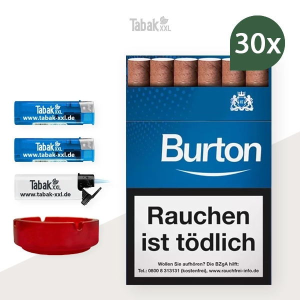30x-burton-zigarillos-blue-l-mit-naturdeckblatt-vanilla-+-2x-elektro-feuerzeuge-+-1x-sturmfeuerzeug-+-1x-aschenbecher