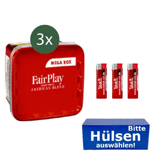 FairPlay Tabak 3 x Mega Box mit wählbaren Filterhülsen und Feuerzeug