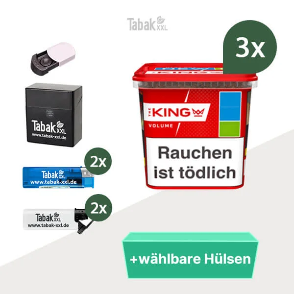 3x King Volumentabak Red Mega-Box mit wählbaren Hülsen und Aschenbecher