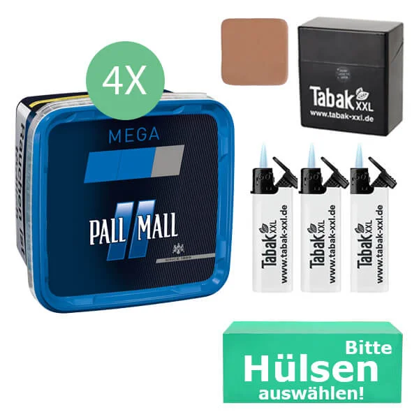Pall Mall Tabak 4 x Mega Box Blue mit wählbaren Filterhülsen und Etui Pall Mall Tabak 4 x Mega Box Blue mit wählbaren Filterhülsen und Etui
