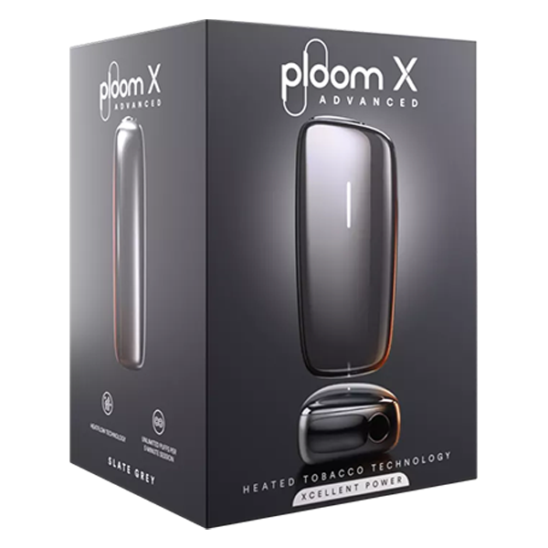 Ploom X Advanced Slate Grey in Verpackung mit gratis sticks