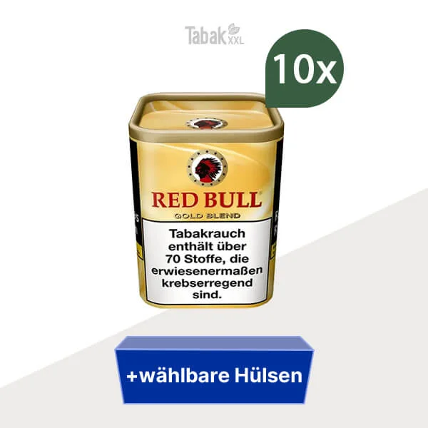 10x Red Bull Gold Blend Feinschnitt-Tabak Dose mit wählbarem Hülsen 10x Red Bull Gold Blend Feinschnitt-Tabak Dose mit wählbarem Hülsen