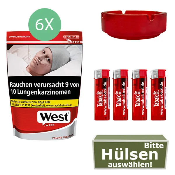 West Tabak Red L 6 x Beutel mit wählbaren Hülsen und Aschenbecher