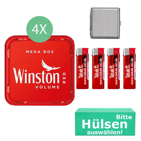 Winston Tabak Red 4 x Mega Box mit wählbaren Hülsen und Metall Etui