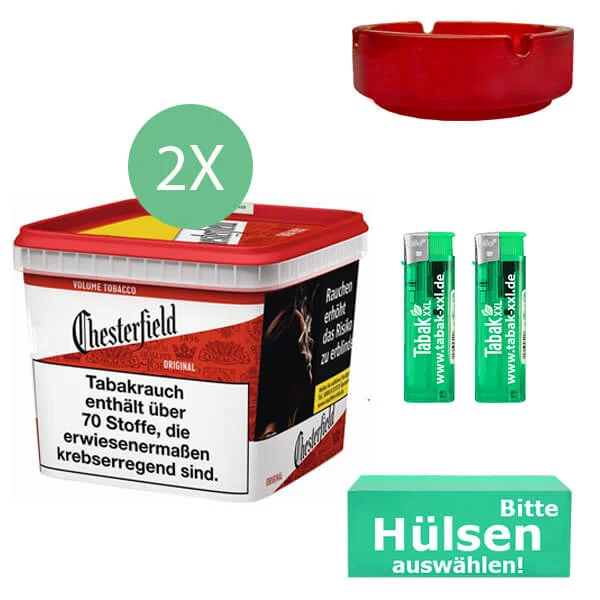 Chesterfield Tabak Red 2 x Giga Box mit wählbaren Hülsen und Glasaschenbecher Chesterfield Tabak Red 2 x Giga Box mit wählbaren Hülsen und Glasaschenbecher