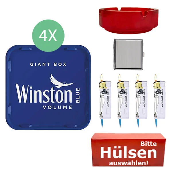 Winston Tabak Blue 4 x Giant Box mit wählbaren Hülsen und Metall Etui