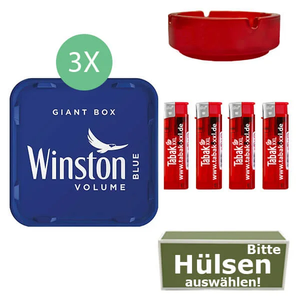 Winston Tabak Blue 3 x Giant Box mit wählbaren Hülsen und Glasaschenbecher