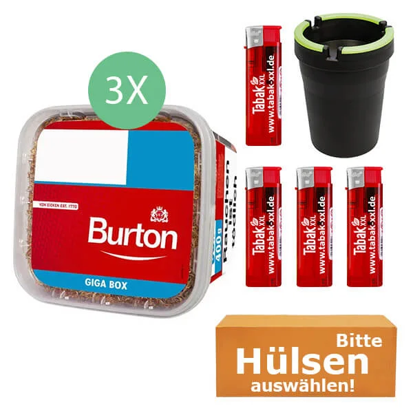 Burton Tabak Red 3 x Giga Box 400g mit wählbaren Hülsen und Auto Aschenbecher Burton Tabak Red 3 x Giga Box 400g mit wählbaren Hülsen und Auto Aschenbecher
