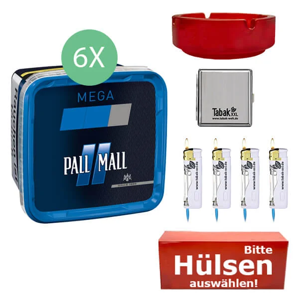 Pall Mall Tabak 6 x Mega Box Blue mit wählbaren Hülsen und Metall Etui Pall Mall Tabak 6 x Mega Box Blue mit wählbaren Hülsen und Metall Etui