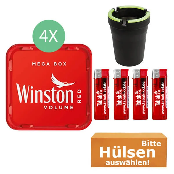 Winston Tabak Red 4 x Mega Box mit wählbaren Hülsen und Auto Aschenbecher