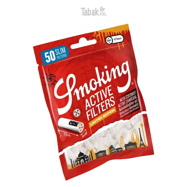 Smoking Aktivkohlefilter Active Slim mit Kokosnuss 27 x 6 mm Beutel Limited Edition Smoking Aktivkohlefilter Active Slim mit Kokosnuss 27 x 6 mm Beutel Limited Edition