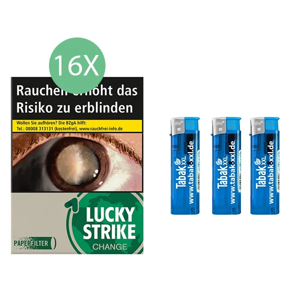 16x Lucky Strike Zigaretten Change Dark Green Giga 3x Elektro-Feuerzeuge