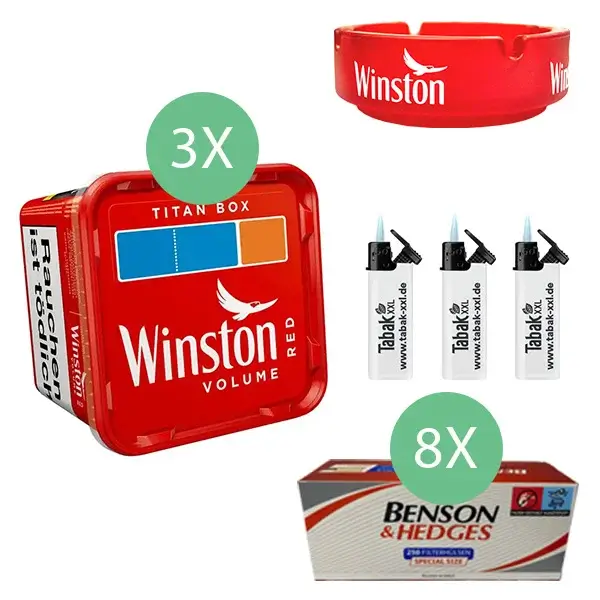 Winston Volumentabak Red 3 x Titan Box mit 2000 Special Size Filterhülsen und Glasaschenbecher 